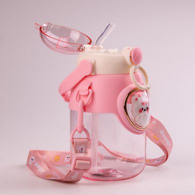Бутылка для воды с трубочкой 820 мл детская фляга прозрачная для напитков с дозатором и ручкой Розовый