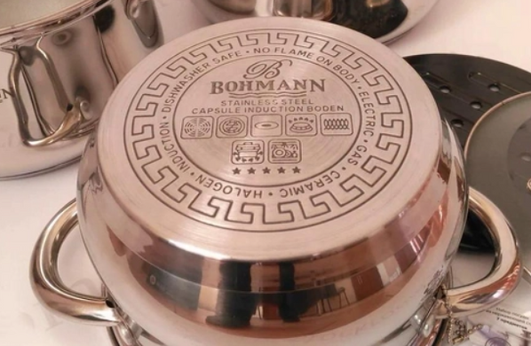 Набор кастрюль из нержавеющей стали с толстым индукционным дном Bohmann BH 0113 - 3 кастрюли + подставка под горячее