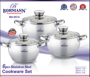 Набір из 3-х кастрюль Bohmann BH-0514 (3,9/5,1/6,6)л/нержавіюча сталь, округла форма, товсте дно