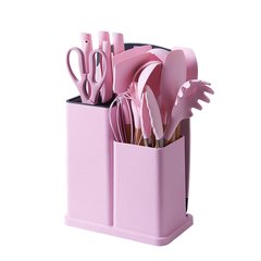 Набір кухонного приладдя на підставці 19 штук кухонні аксесуари з силікону з бамбуковою ручкою Рожевий
