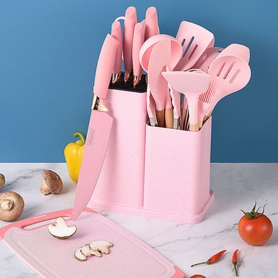 Набір кухонного приладдя на підставці 19 штук кухонні аксесуари з силікону з бамбуковою ручкою Рожевий