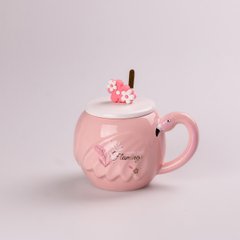 Чашка керамическая 500 мл Фламинго с крышкой и ложкой