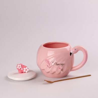Чашка керамическая 500 мл Фламинго с крышкой и ложкой