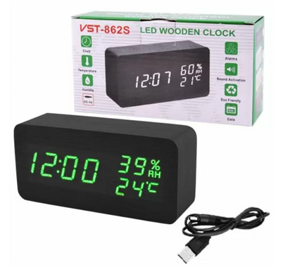 Настольные часы с температурой и влажностью VST-862S-4 – зеленая подсветка, черный корпус под дерево