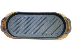 Овальна чавунна сковорода-гриль на дерев'яній підставці EB-18413 - 37,8x16,6 см