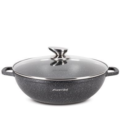 Сковорода WOK Kamille KM-4485 Black Marble 28 см с крышкой для индукции