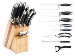Набор ножей на деревянной подставке с ножницами, мусатом и овощечисткой Edenberg EB-3612 - 9 пр, Черный