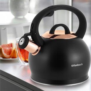 Чайник из нержавеющей стали со свистком Ofenbach KM-100312 - 2 л, черно-золотой