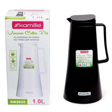 Термос Kamille Чорний для чаю і кави на 1000мл пластиковий зі скляною колбою KM-2025