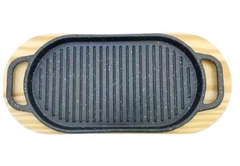 Овальна чавунна сковорода-гриль на дерев'яній підставці EB-18414 - 30,5x16,6x2 см
