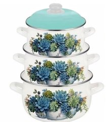 Набор эмалированной посуды голубой рисунок цветов Edenberg EB-1886 - 3 кастрюли