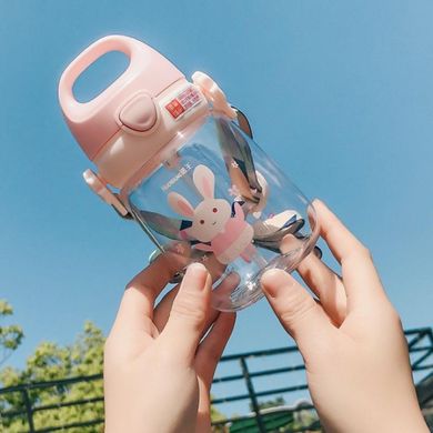 Бутылка для воды с трубочкой 380 мл детская фляга прозрачная для напитков с дозатором и ручкой Розовый