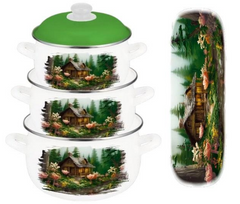 Набор эмалированной посуды зеленый рисунок и крышки Edenberg EB-1889 - 3 кастрюли