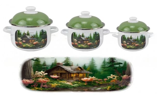 Набор эмалированной посуды зеленый рисунок и крышки Edenberg EB-1889 - 3 кастрюли