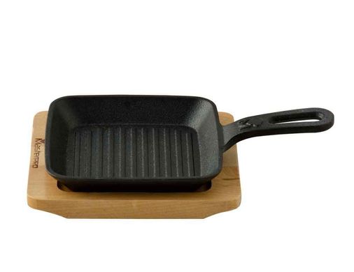 Сковорода-гриль чугунная на деревянной подставке Bergner MasterPro Cook & share (BGMP-3808-4) - 13.7х22х2.2см
