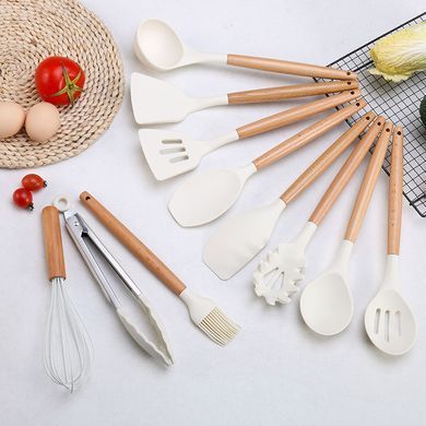 Набор кухонных принадлежностей 11в1 на подставке бежевый/белый SILICONE KITCHEN SET D12-1