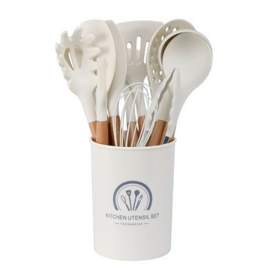 Набор кухонных принадлежностей 11в1 на подставке бежевый/белый SILICONE KITCHEN SET D12-1
