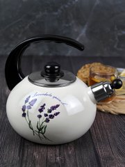 Чайник эмалированный со свистком с черной бакелитовой ручкой Kamille KM-1034 - 2,5 л, бежевый с рисунком "Лаванда"
