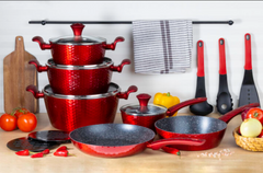 Набір посуду Edenberg EB-5635 - 15 пр., мармурове покриття/червоний