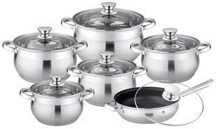 Набор кастрюль со сквородкой мраморное покрытие Bohmann BH 0529 - 12 предметов/нержавеющая сталь 5 кастрюль + глубокая сковорода-сотейщик, толстое непрогораемое дно, клепаные ручки
