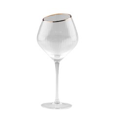 Бокал для вина высокий фигурный прозрачный ребристый из стекла с золотым ободком набор 6 шт