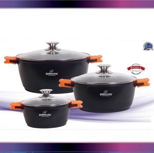 Набор мраморной посуды с силиконовыми накладками Bohmann BH 6016 MRB - 6 предметов | 3 кастрюли с мраморным антипригарным покрытием