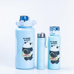 Бутылка для воды Панда набор 3в1 с дозатором 0.5л 0.9л 0.2л Синий