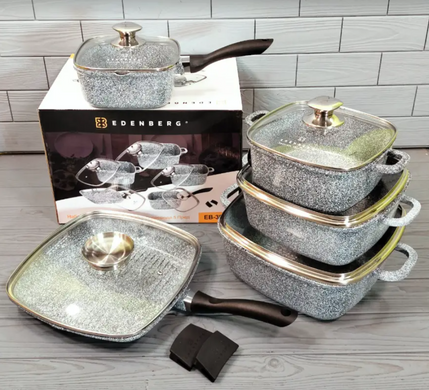 Набір квадратних каструль зі сковородою-гриль та ковшком Edenberg EB-3989 - 12пр/гранітне покриття