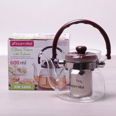 Стеклянный заварочный чайник с ситом Kamille KM-1606 - 0,6л, Прозрачный