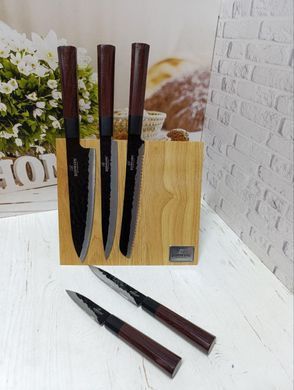Набір кухонних ножів на магнітній дерев'яній підставці Samurai Bohmann BH 5276 - 6 пр | антибактеріальне чорне покриття
