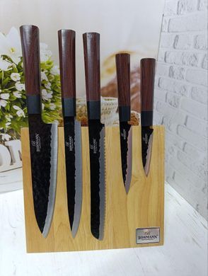 Набір кухонних ножів на магнітній дерев'яній підставці Samurai Bohmann BH 5276 - 6 пр | антибактеріальне чорне покриття