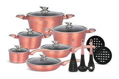 Набір посуду з тришаровим мармуровим покриттям Edenberg EB-5625 + рожеве кухонне приладдя.