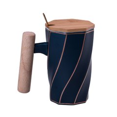 Кружка керамическая 350 мл с бамбуковой крышкой и ложкой Синий