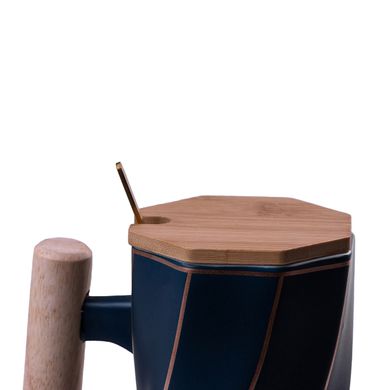 Кружка керамічна 400 мл з бамбуковою кришкою та ложкою Синій