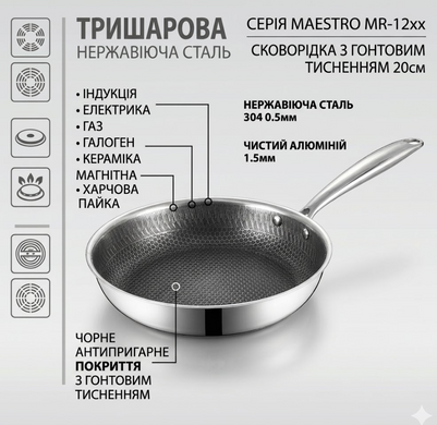 Профессиональная сковорода из нержавеющей стали Maestro MR-1214-28 (28 см) &mdash; для стейков и духовки