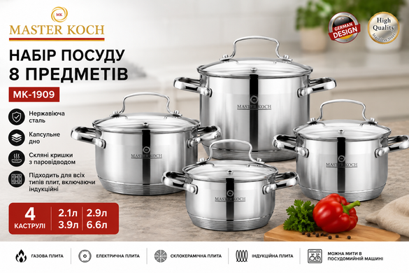 Набор кастрюль с крышками Master Koch MK 1909 на 8 пр. (2.1/2.9/3.9/6.6 л) для всех видов плит