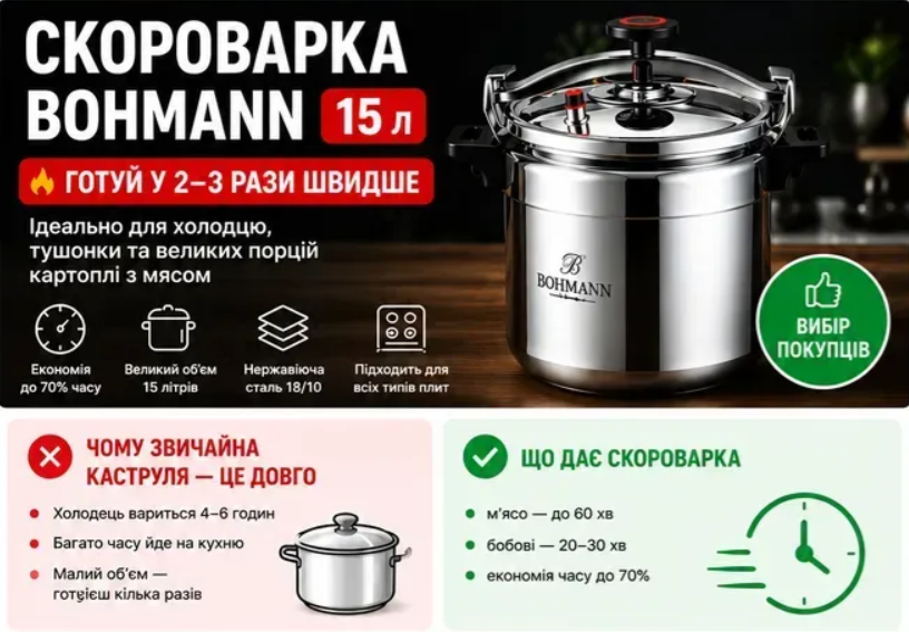 Скороварка Bohmann 15 литров из нержавеющей стали для индукционных плит: быстрое приготовление холодца и мяса